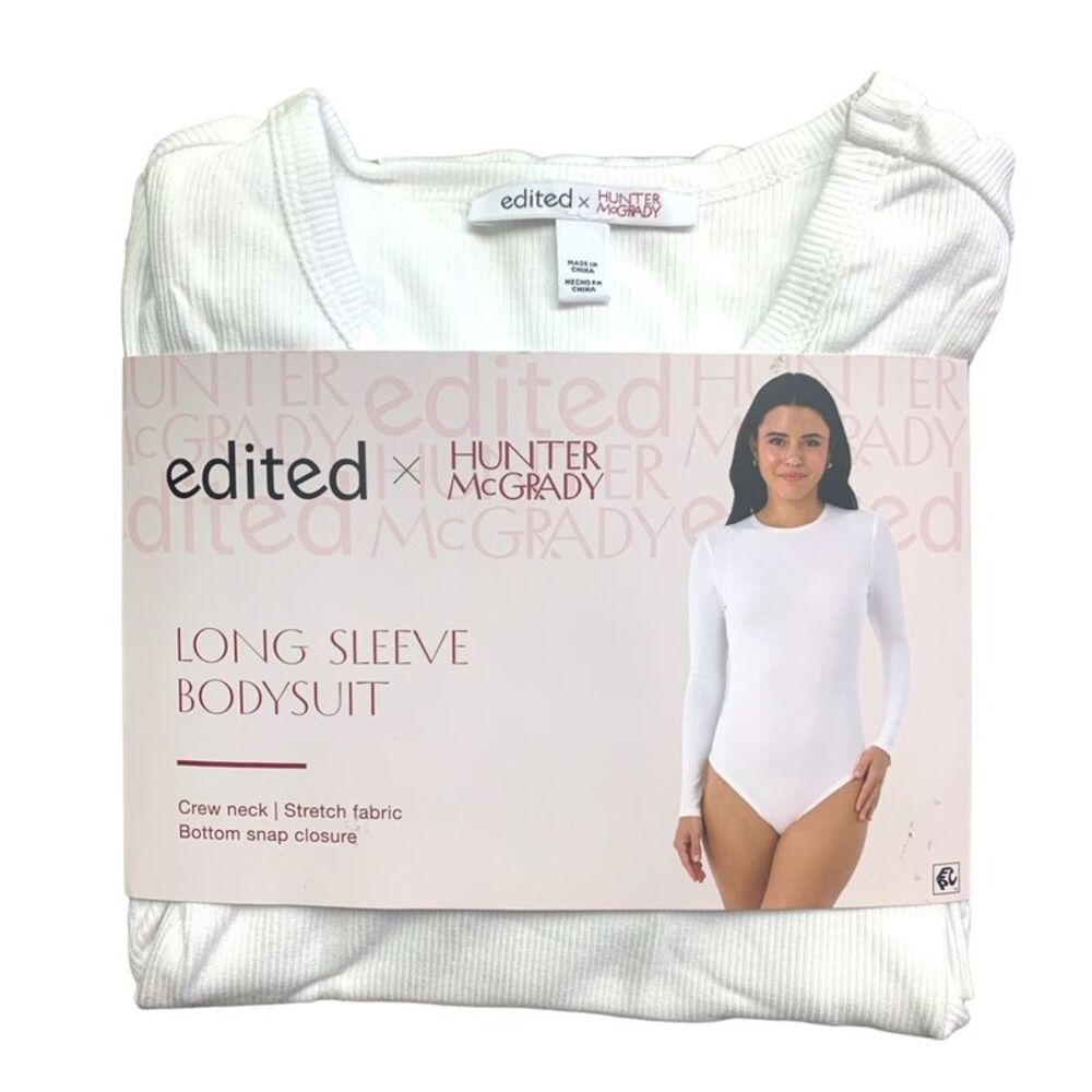 White - Edited by Hunter McGrady Womens Long Sleeve Bodysuit, Crewneck, Stretch